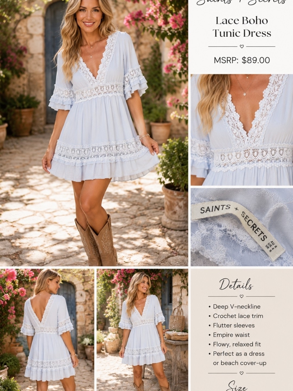 Saints + Secrets Lace Boho Tunic Dress in Pale Blue